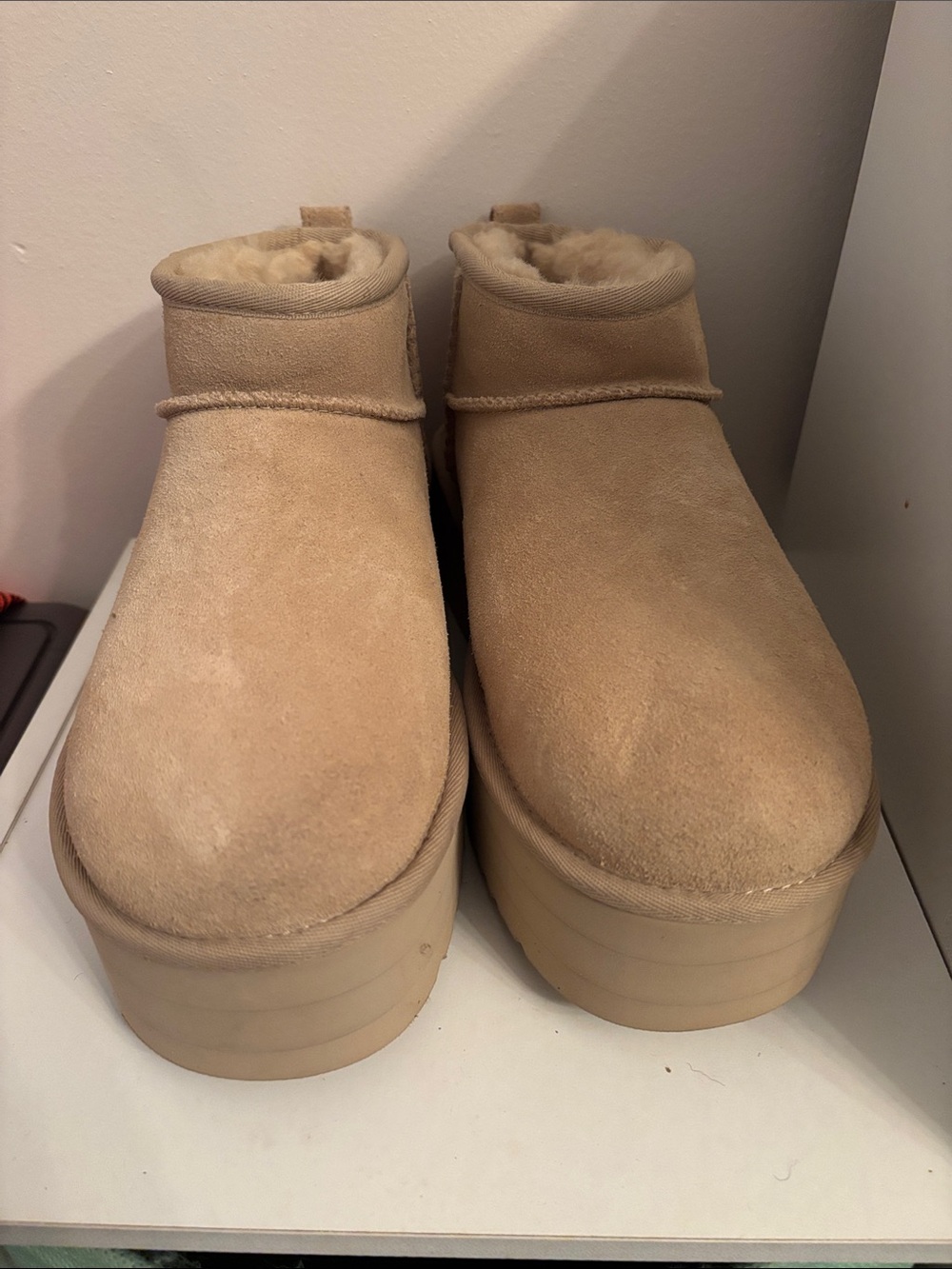 UGG Women's Beige Suede Platform Shearling Ankle Booties